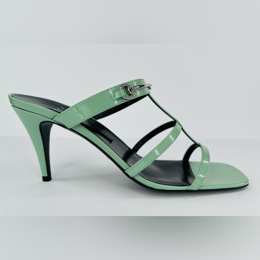 Gucci Pacific Green Glossy Leather Horsebit Heel Mule Sandals Size EU 39.5 - Picture 9 of 11